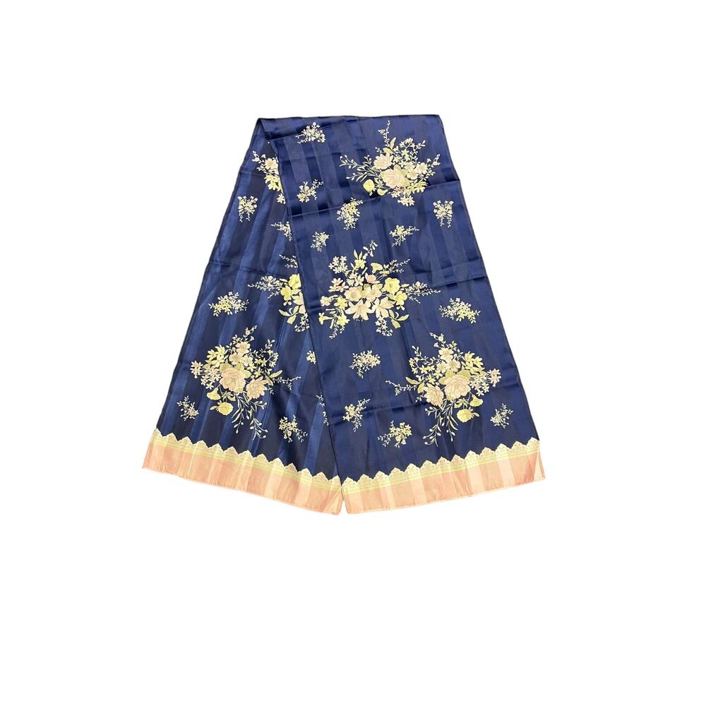 Floral Bouquet Scarf Navy Pale Pink White Striped Rectangle Vintage 12x54in